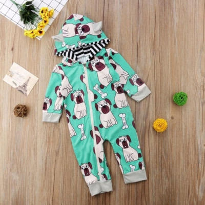

Baby Boy Little Puppy Print Long Sleeve Hooded Zipper One Piece Jumpsuit