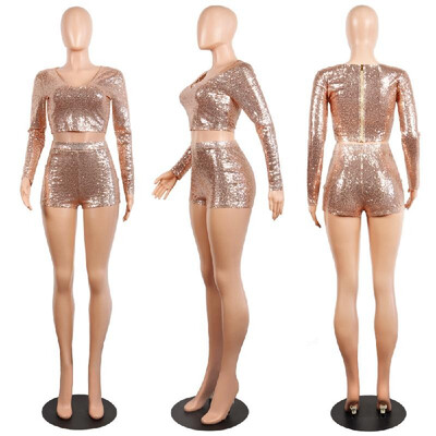 

Sexy Women Sequined Two Piece Set Crop Top V-Neck Long Sleeve Shorts Club Party Suits Outfits PinkBlack