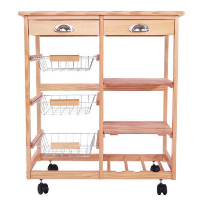 

Rolling Wood Kitchen Trolley Island Utility Storage Cart With Drawers BasketsOn Wheels