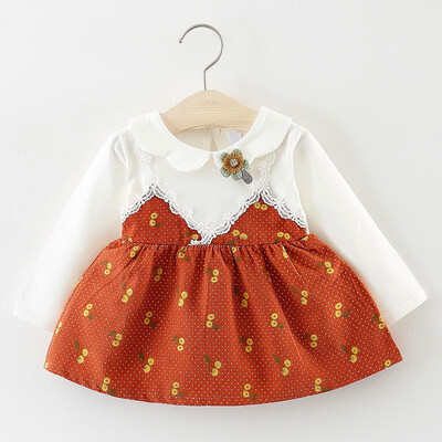 

Autumn Casual Baby Girls Cherry Print Long Sleeve Fake 2 Piece Dress Kids Toddler Pageant Sundress