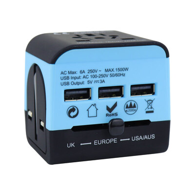 

Norlansondi NOLANSEND conversion plug abroad travel socket converter 3USB British standard American standard European standard Japan South Korea Thailand China Hong Kong power charger NL016 blue