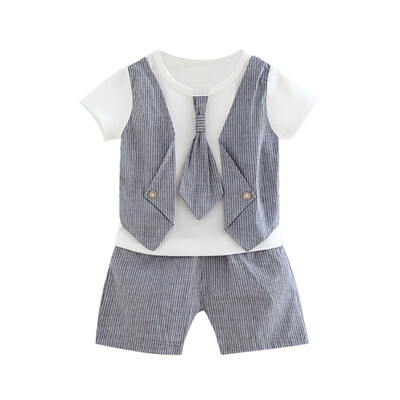 

Summer Baby Boys Short Sleeve Fake Tie Print Tops ShirtsStriped Shorts Casual Outfits Sets Baby Boy Clothes
