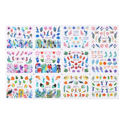 

12pcsset Peacock Leaf Nail Stickers Water Transfer Nails Art Decor Decals