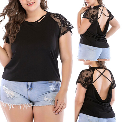 

Roseonmyhand Large Size Women Casual Lace Stitching Short Sleeves Tank Top T Shirt Blouse