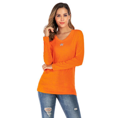 

Printed T-Shirt Female Five-Pointed Star Decoration Sexy V-Neck Design Casual Wild Autumn Long Sleeve