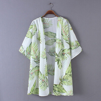 

New Women Chiffon Kimono Cardigan Leaves Print Boho Loose Outerwear Beachwear Bikini Cover Up