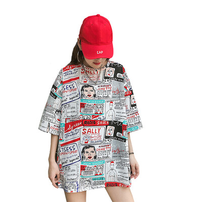 

Summer Long T Shirt Women Cartoon Printed Short Sleeve T-Shirts Harajuku Style Casual Loose Tops