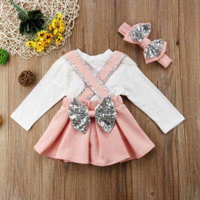 

Toddler Kids Girls Lace Tops Shirt Strap Skirt Headband Outfits Set Clothes AU