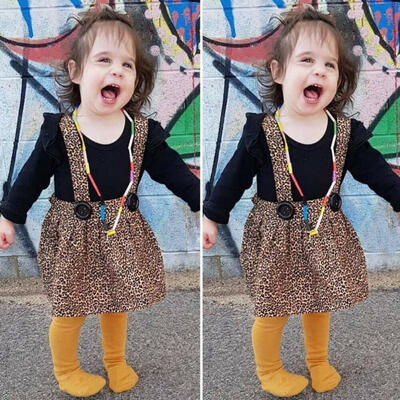 

Baby Girl Leopard Suspender Skirt Outfits 2 Pieces Autumn Black Long Sleeve Bodysuits Romper Tops Bib Skirt