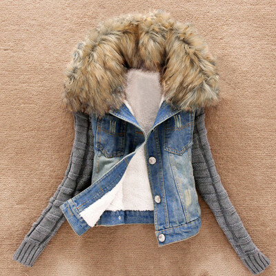 

Roseonmyhand Women Winter Warm Jeans Button Knit Sleeve Cowboy Denim Pockets Jacket Coat