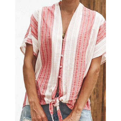 Nomeni Womens V-neck Casual Short-sleeved Patchwork Striped Top T-shirt
