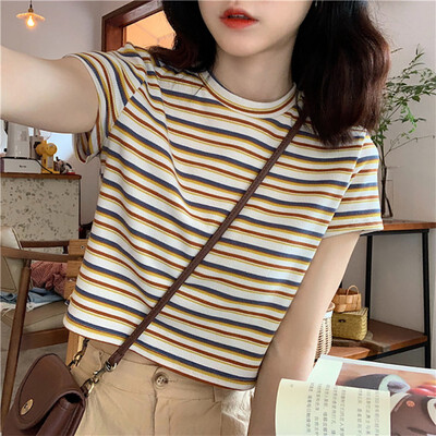 

Summer Womens Style Elegant Design Casual O Neck Striped Short Sleeve Stretch Pullover Crop Top T-Shirt