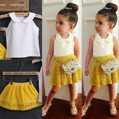 

Kids Baby Girls Sleeveless TopYellow Lace Printing Dress 2Pcs Suit Outfit Set