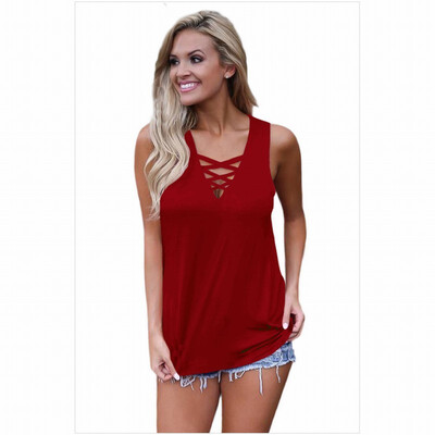 

V-neck cross straps sleeveless solid color T-shirt casual top