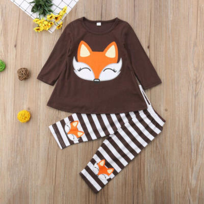 

Toddler Kids Baby Girls Fox Outfits T-Shirt Top Dress Striped Pants Clothes Set