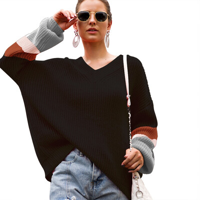

Women Autumn Stylish Loose Color-blocked All-match V-collar Concise Long Sleeve Sweater