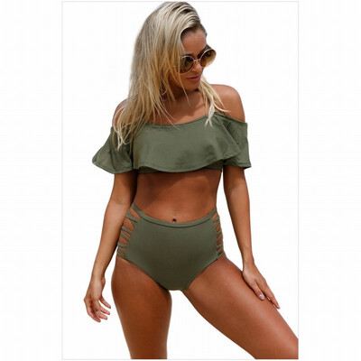 

One-word collar cross strap short-sleeved chest pad high waist triangle split swimsuit
