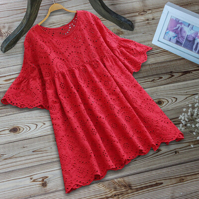 

Nomeni Women Vintage Casual Hollow Out O-Neck Half Sleeve Linen Top T-Shirt Blouse