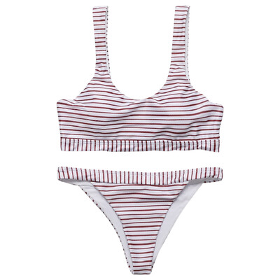 

Scoop Neck Backless Padded Red Stripe Low Waist Women Bikini Set