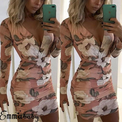 

Sexy Women Long Sleeve Bodycon V Neck Ladies Floral Summer Short Mini Dress 6-18