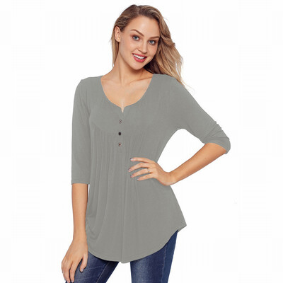 

Solid color V-neck button seven-point sleeve Slim womens T-shirt casual fashion shirt