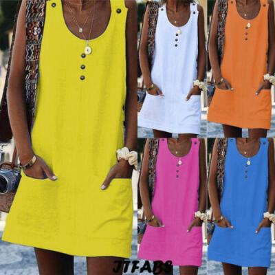 

Womens Sleeveless Loose Mini Dress Ladies Summer Shirt Dress Holiday Beach Tops