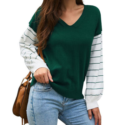 

Women Autumn Fashion Concise All-match V-collar Color-blocked Long Sleeve Sweater