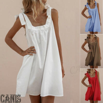 

US New Women Sleeveless Boho Party Casual Cotton Linen Kaftan Mini A-Line Dress