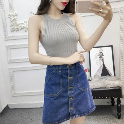 

Women Casual Basic Sexy Candy Color Knit Hanging Neck Bottoming Warm Vest Stretch Tank Tops