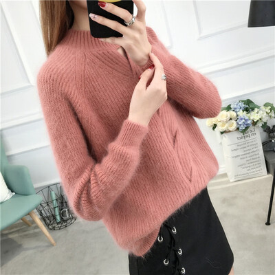 

2018 autumn&winter new thick semi-turtleneck womens loose Korea version of short pure color knitted base sweater