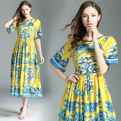 

DFYOP New Styles Of European And American White Porcelain Sleeves Waist Pleat Pendant Dress