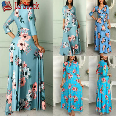 

US STOCK WOMENS V-NECK WRAP LONG SLEEVE FLORAL PRINT BOHO MAXI LONG LOOSE DRESS