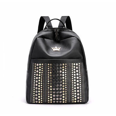 

Crown Rivets Travel Backpacks Women PU Leather Casual Shoulder School Bags