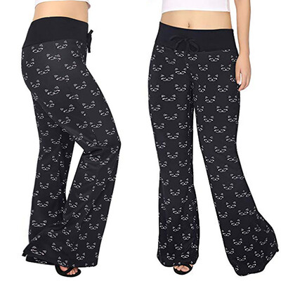 

Fashion Womens Print Lacing Elastic Waist Casual Loose Wide Leg Leggings Pants