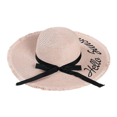 

Letter Embroidered Bowknot Large Brim Straw Cap Women Beach Visor Sun Hat