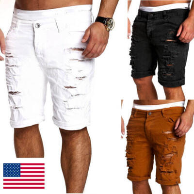 

USA STOCK Men Slim Denim Jeans Skinny Frayed Short Pants Distressed Rip Shorts