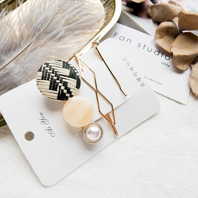 

Temperament Pearl Decoration Hairpins Plaid Pattern Three-piece Women Hair Clips