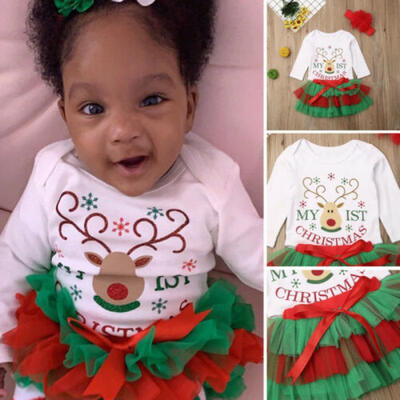 

Newborn Baby Girl 3PCS Christmas Romper Tutu Skirts Headband Outfit Set Clothes