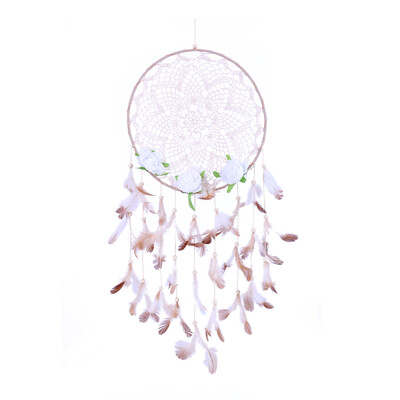 

Handmade White Flowers Dream Catcher Feather Car Wall Hanging Decor Craft