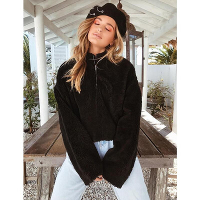 

Fashion Women Cropped Fluffy Hoodies Fleeces Turtleneck Zipper Solid Color Oversized Teddy Jumper
