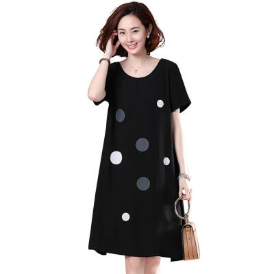 

Fashion Dots Print Dress Women Summer O-neck Short Sleeve Loose Dresses