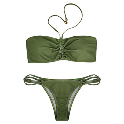 

Lady Halter Neck Backless Padded Braided Drawstring Beach Bikini Set