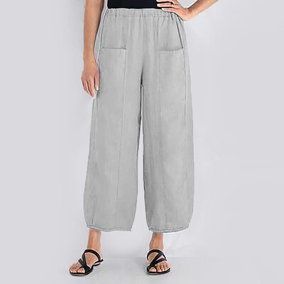 

Plus Size Women Pure Color High Waist Wide Leg Pants Pocket Trousers Loose Pants