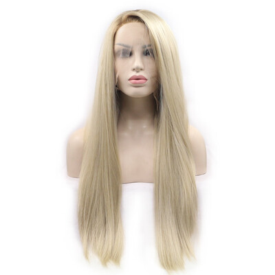 

Fashion Blonde Lace Frontal Wig Glueless Long Straight Hair Side Part Synthetic Lace Frontal Wigs Half Hand Tied Heat Resistant