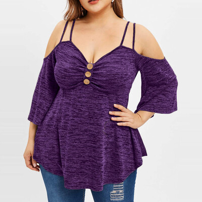 

Roseonmyhand Fashion Women Plus Size Solid Camise Cold Shoulder Strap Button Top Blouse