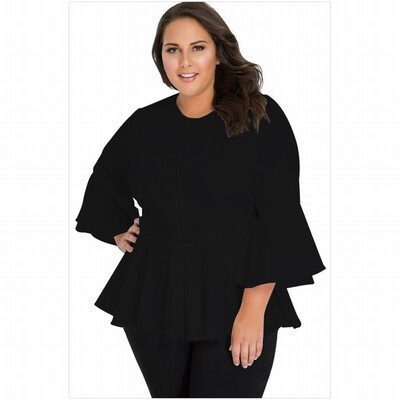 

Plus Size round neck seven-point trumpet sleeve solid color crochet casual top