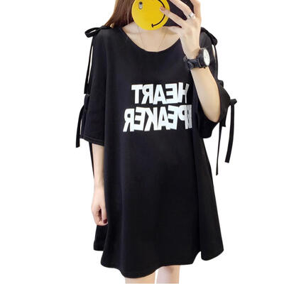 

Letter Print Tee Dress Women O-neck Bowknot Lace Half Sleeve Hollow Dresses