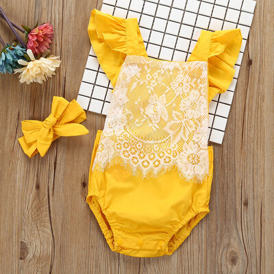 

Newborn Infant Baby Girl Jumpsuit Bodysuit Lace Straps Romper Outfits Hair Band