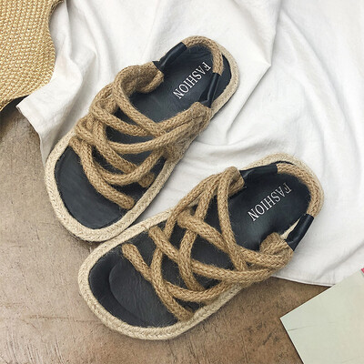 

2018INS New Knitted Cross Hemp Rope Joker gladiator sandals Flat Bottom Thick Bottom chic Sandals Womens Summer Womens Shoes