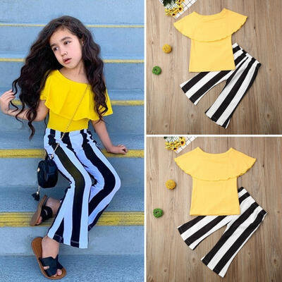 

Fashion Toddler Kids Girl Outfits Yellow Butterfly Collar Drop Sleeve Tops Black White Striped Bell Long Pants New 1-6 Years